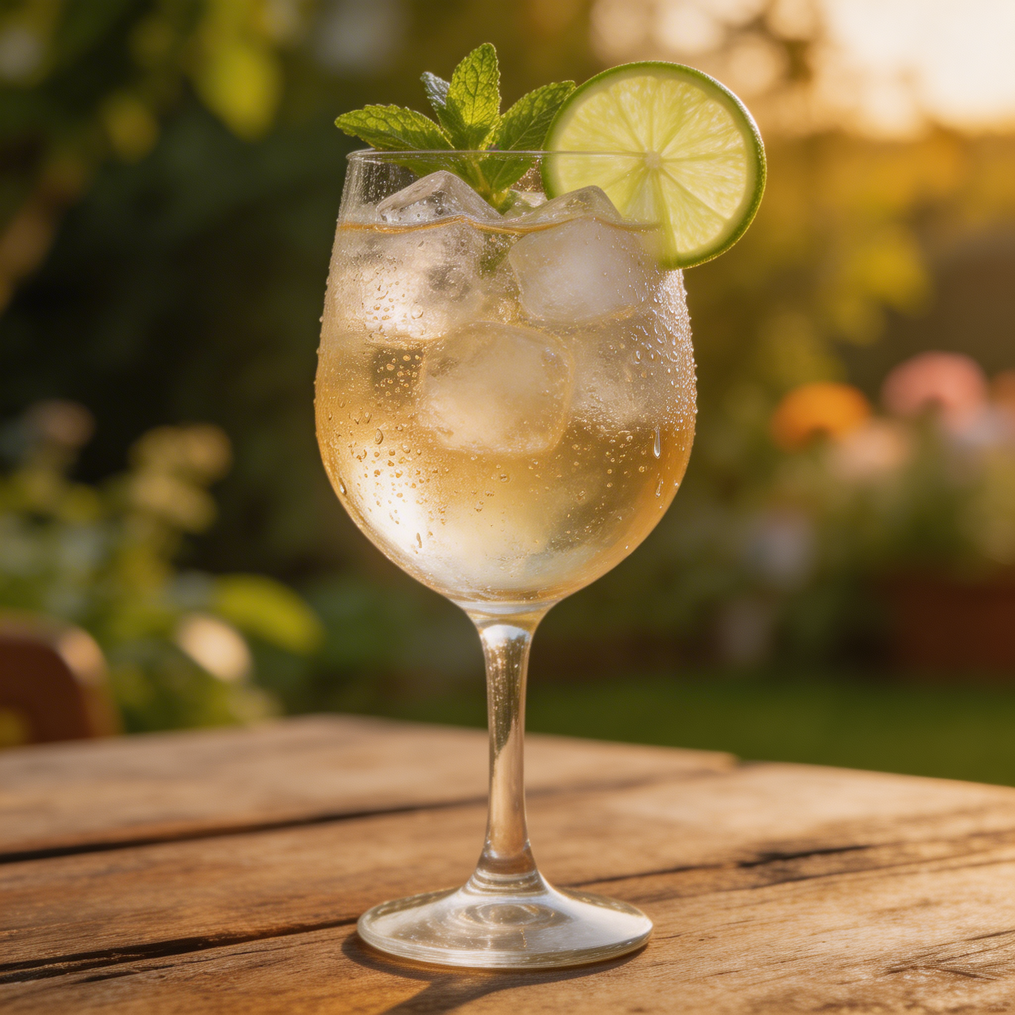 A Hugo Spritz served over ice in a wine glass with mint and lime, the elderflower and prosecco cocktail created in South Tyrol in 2005
