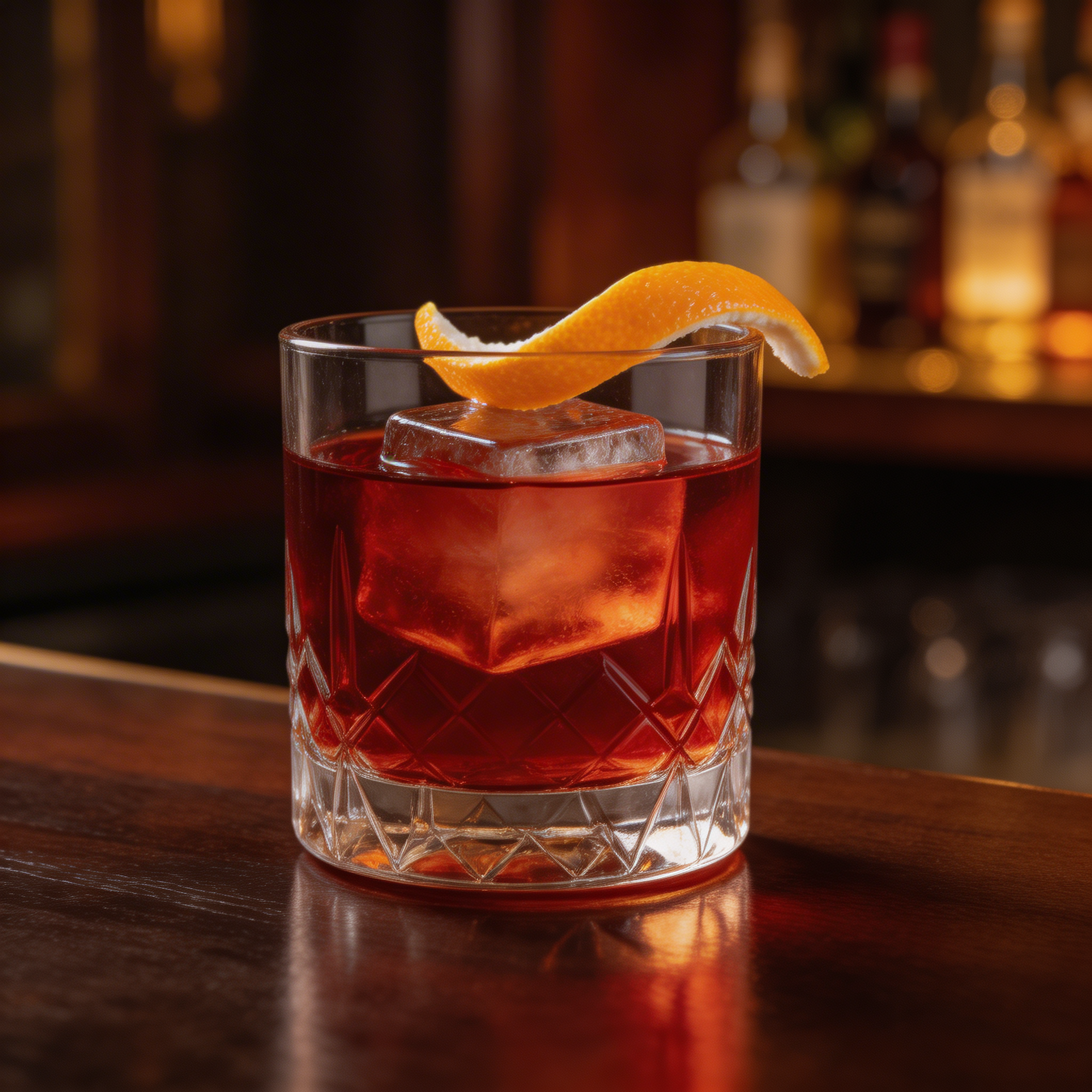 A Negroni served over ice in a rocks glass with an orange peel garnish